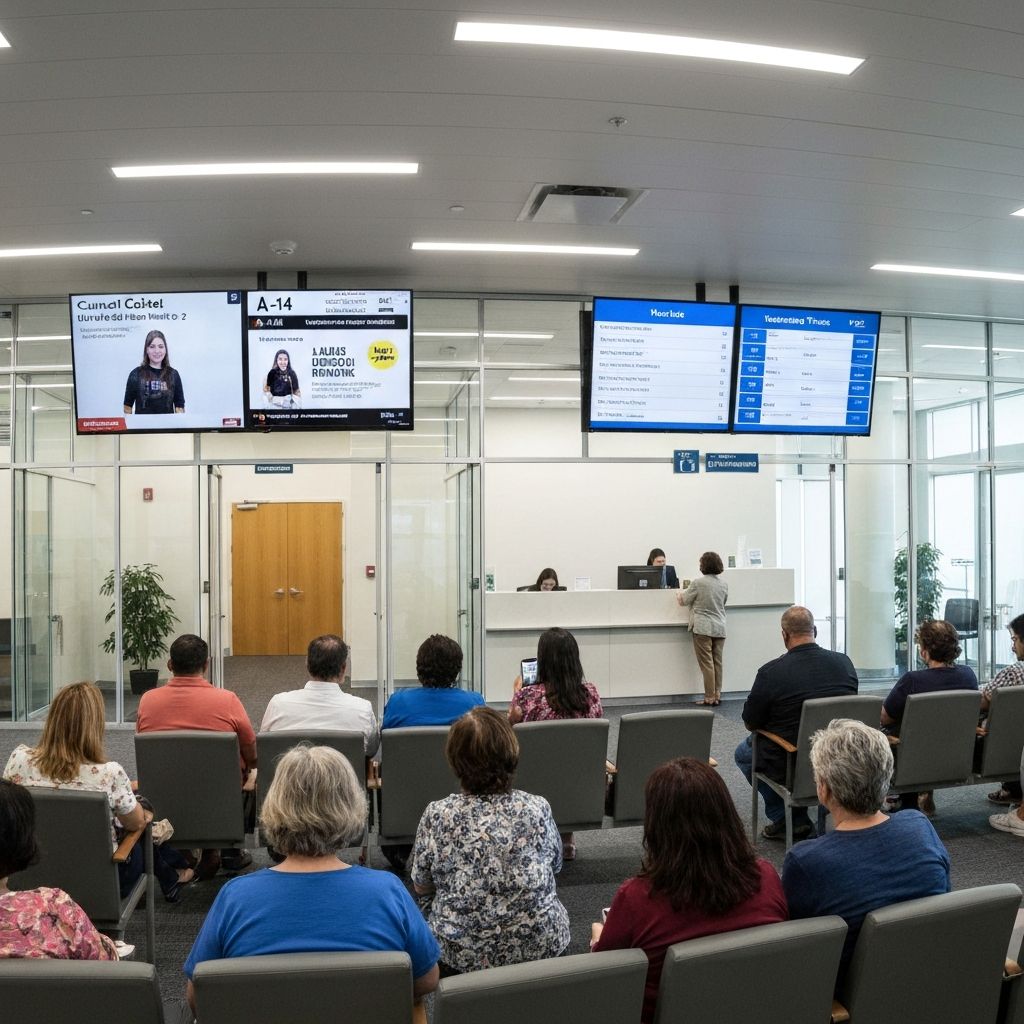 Área de recepción con múltiples pantallas de turnos y pacientes organizados esperando su llamado